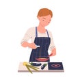 Woman Character Cooking at Home Standing at Table Pouring Oil on Frying Pan Vector Illustration