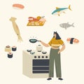Woman Character Cooking Seafood Frying Fish Holding Pan in Hands Presenting Sea Products in Process of Preparing Food