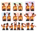 Woman Character Doing Neck And Shoulder Exercises, Including Neck Stretches, Shoulder Rolls, And Shrugs