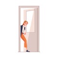 Woman Character at the Door Opening It Entering Home Vector Illustration Royalty Free Stock Photo