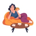 Woman Character Eating Food at Home Lying on Couch with Stuffed Tortilla Vector Illustration