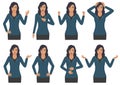 Woman character expressions with hands gesture, cartoon businesswoman wit different emotion