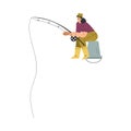 Woman Character Fishing with Rod on Lake Sitting on Bucket Vector Illustration Royalty Free Stock Photo