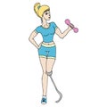 Woman character with foot prosthesis. The girl with prosthetic limb is engaged in fitness. Cartoon colorful illustration