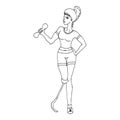 Woman character with foot prosthesis. The girl with prosthetic limb is engaged in fitness. Cartoon coloring illustration