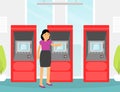 Woman Character Getting Cash and Making Payment with ATM Machine Vector Illustration Royalty Free Stock Photo