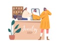 Woman Character Gracefully Adorns Herself With Dazzling Jewelry, Exploring Different Pieces In A Store, Illustration