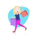 Woman character holding shopping purchases bag template for design work or animation over white background full length