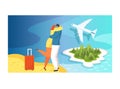 Woman character hugging man, trip lovely pair flight tropical hot country, couple standing sand beach flat vector Royalty Free Stock Photo