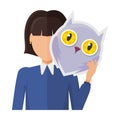 Woman Character in Jacket with Owl Mask in Hand Royalty Free Stock Photo