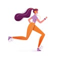 Woman character is jogging, listening music in headphones. She`s running, doing fitness exercises. Active healthy