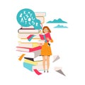 Woman Character Near Huge Stack of Books Working with Text Vector Illustration
