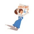 Woman Character in Office Clothes Drowning with Banner Begging for Help Trying to Escape Vector Illustration