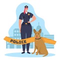 Woman character policeman hold service dog and protect order, law enforcement cartoon vector illustration, isolated on