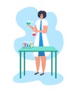 Woman character research fellow hold laboratory flask, chemical liquid research activity flat vector illustration