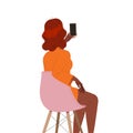 Woman Character Sitting on Chair with Smartphone Back View Working in Coworking Space Vector Illustration