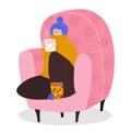 Woman character sitting cozy armchair, female drink warm coffee tea isolated on white, flat vector illustration. Winter