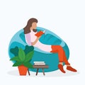 Woman character sitting soft bag chair, female read book and study isolated on white, flat vector illustration. Cartoon design