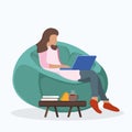 Woman character sitting soft bag chair, female use laptop and study isolated on white, flat vector illustration. Cartoon design Royalty Free Stock Photo