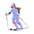 Woman Character Skiing at Mountain Ski Resort in Winter Season Vector Illustration