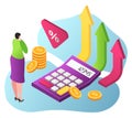 Woman character standing near calculator, business growth stock share, calculation money fund 3d isometric vector