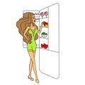 Woman character standing near refrigerator. Vector flat cartoon illustration Royalty Free Stock Photo