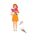 Woman Character Standing with Open Book Working with Text Vector Illustration