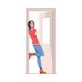 Woman Character Standing at Open Door Leaning on Doorpost Entering or Leaving Home Vector Illustration