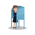 Woman character standing in voting booth casting her ballot, people taking part in voting vector Illustration