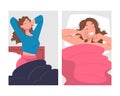 Woman Character Waking Up Feeling Happy Stretching Out in Bed Ready to Get Up in the Morning Vector Set