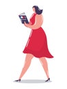 Woman character walking read book, female urban stroll learning french language, girl in red dress cartoon vector Royalty Free Stock Photo