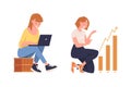 Woman Character Working at Laptop and with Growing Chart Vector Set