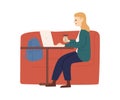 Woman chatting on laptop sitting at cafe table vector flat illustration. Happy freelancer female working remotely use