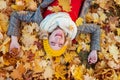 Woman in checked coat lying in autumn park Royalty Free Stock Photo