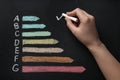 Woman checking energy efficiency level of rating chart on black background, top Royalty Free Stock Photo