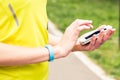 Woman checking fitness and health tracking wearable device Royalty Free Stock Photo