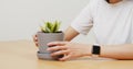 Woman checking on Dracaena trifasciata plant at home