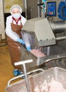 Woman checking meat mincing machine