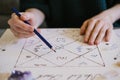 Woman checking natal chart. Beautiful hand drawn astrology background.