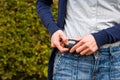 Woman checking pedometer