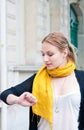 Woman checking the time on her wrist watch Royalty Free Stock Photo