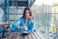 Woman checking time on her wrist watch Royalty Free Stock Photo