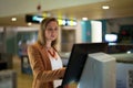 Woman checks her flight