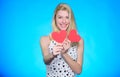 Woman cheerful girl hold heart valentines decoration. Happy valentines day. Valentines day attribute. Celebrate