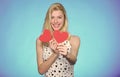 Woman cheerful girl hold heart valentines decoration. Happy valentines day. Valentines day attribute. Celebrate