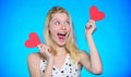 Woman cheerful girl hold heart valentines decoration. Happy valentines day. Valentines day attribute. Celebrate