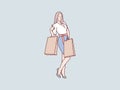 Woman cheerful posing holding shopping bags simple korean style illustration