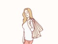 Woman cheerful wearing a holding shopping bags simple korean style illustration
