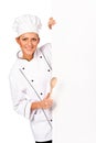 Woman chef, baker or cook holding blank white pape