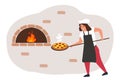 woman chef cooking traditional pizza in stone oven with fire vector